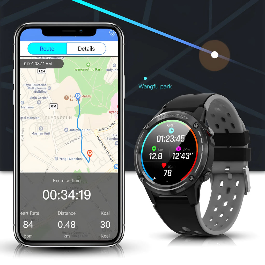 GPS smart watch with silicone sports bracelet in blue colour on wrist showing time display