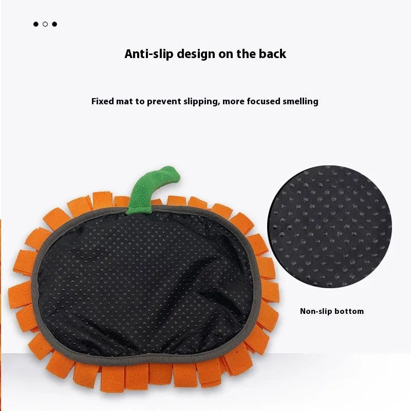 Orange pumpkin-shaped pet smell mat with textured woollen surface for dog slow feeding training