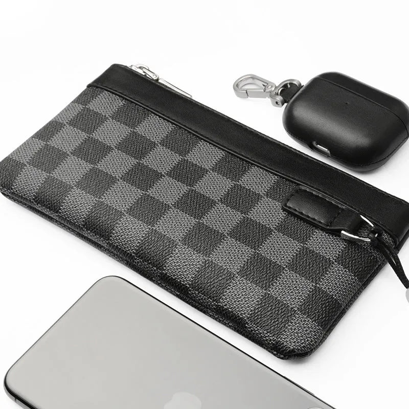 Black genuine cowhide leather men's clutch wallet showing 20cm by 10cm dimensions