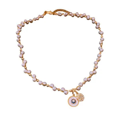 Gold electroplated necklace with round pearl pendant on adjustable 41-50cm clavicle chain