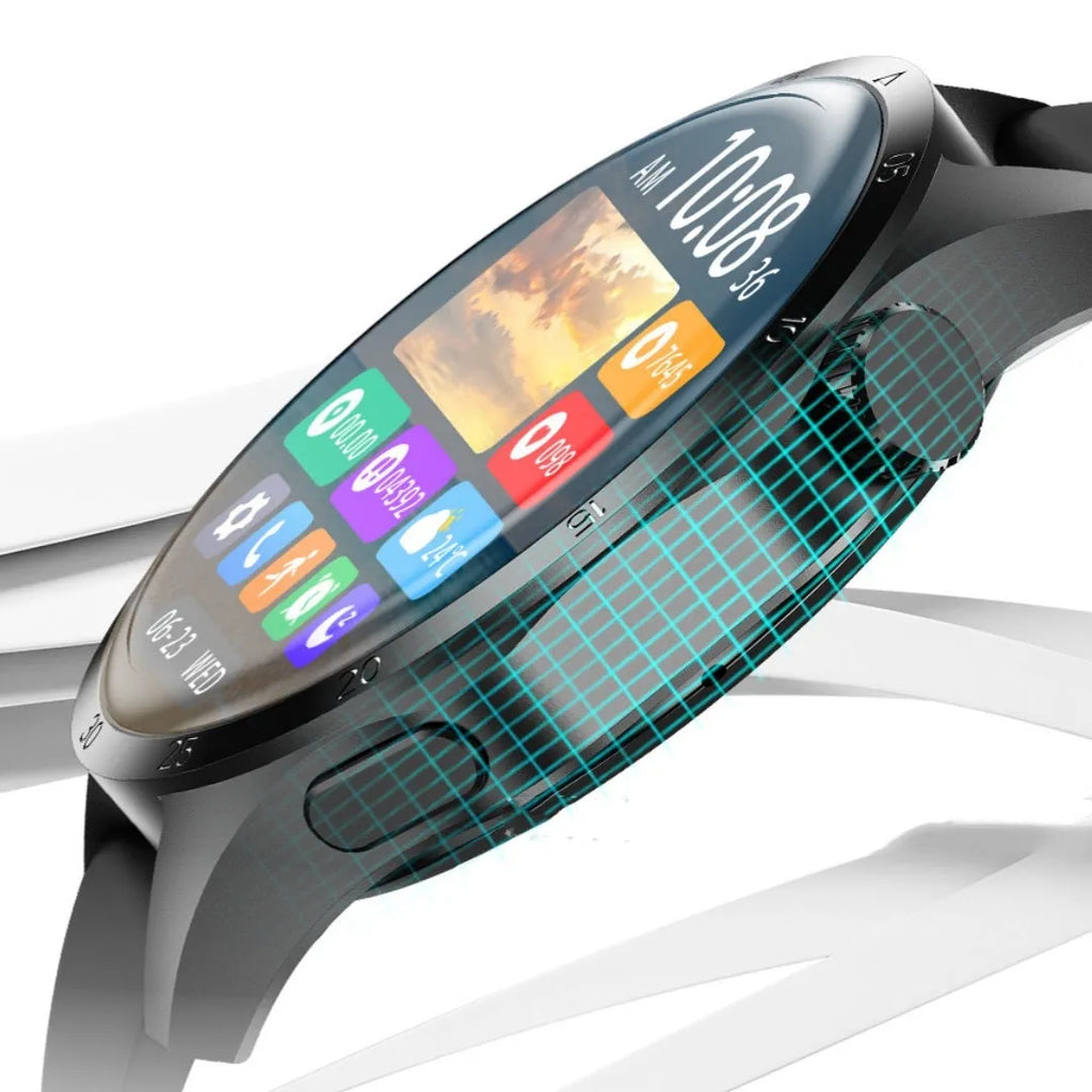 Black Bluetooth smartwatch with a TFT screen showing a heart rate graph, placed next to its charging cable.