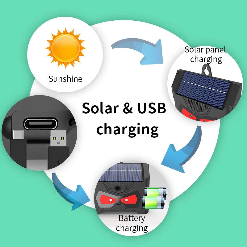 Black solar ultrasonic animal repeller for outdoor pest control with USB charging cable