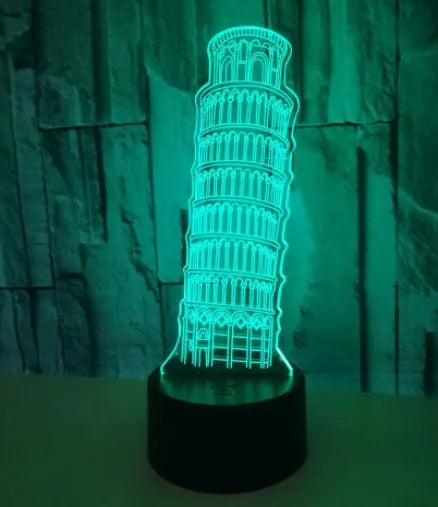3D Leaning Tower of Pisa acrylic nightlight glowing in blue with remote control