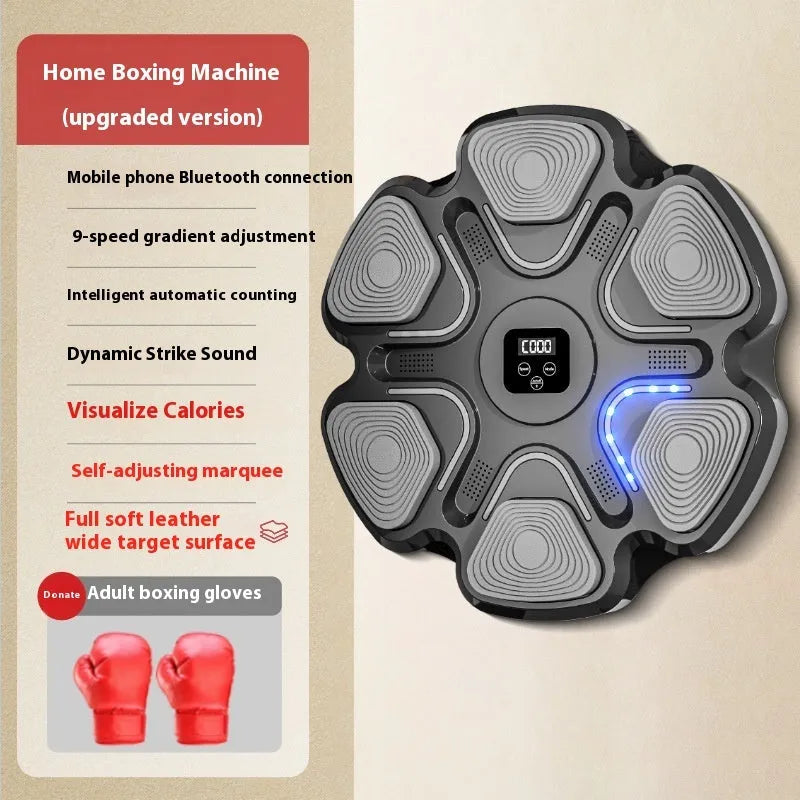 Smart music boxing machine wall target with electronic display and focus gloves on white wall.