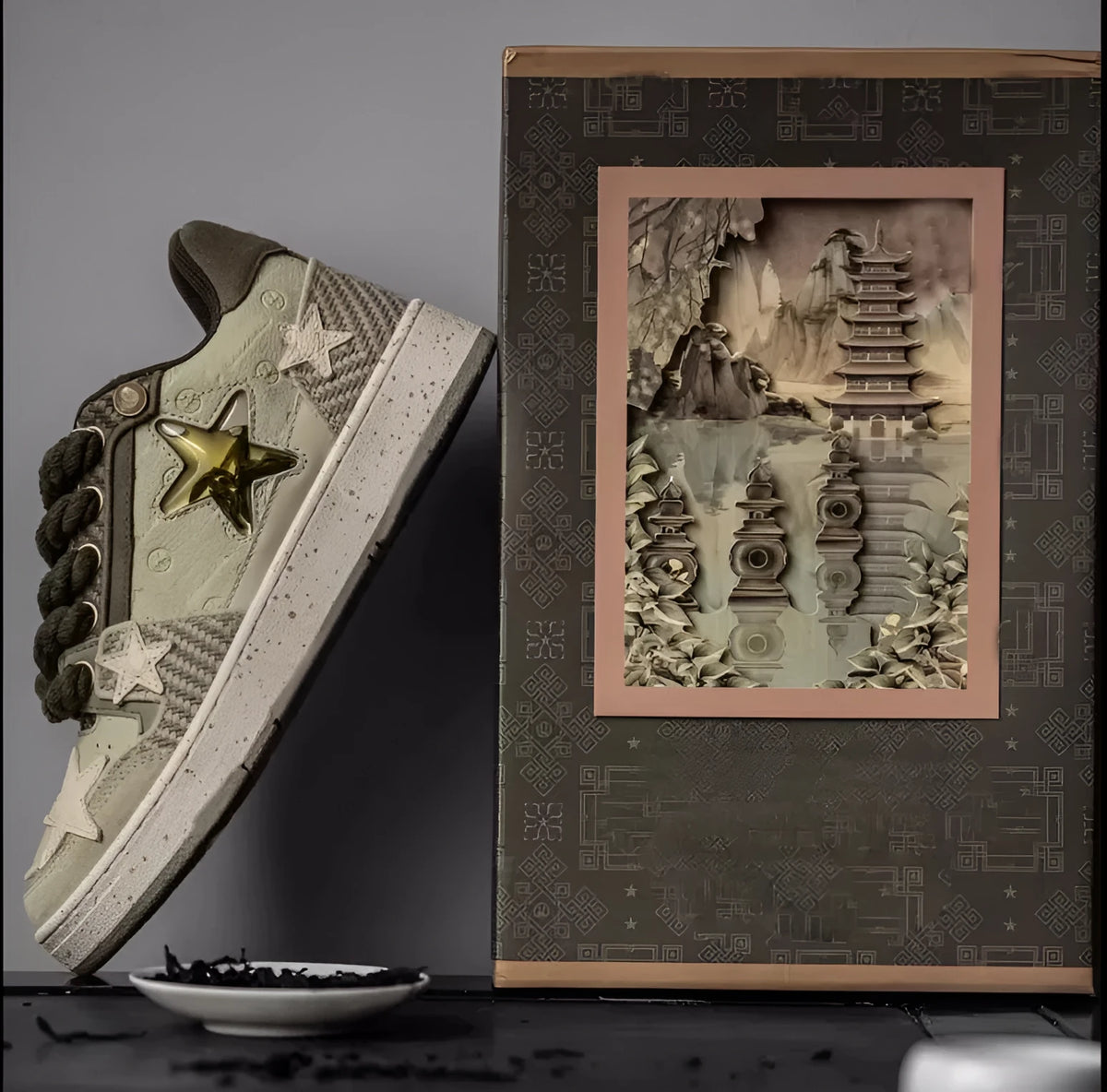 Green low-top casual shoes with star pattern stitching and white rubber sole.