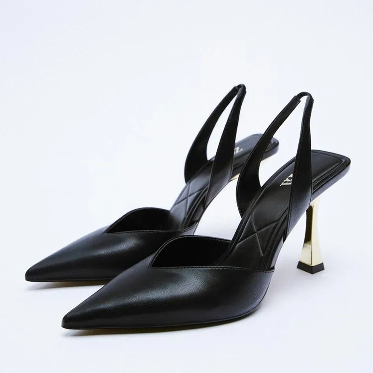 Korean-style women's pointed high heels in patent leather with shallow mouth cut, black and apricot colours