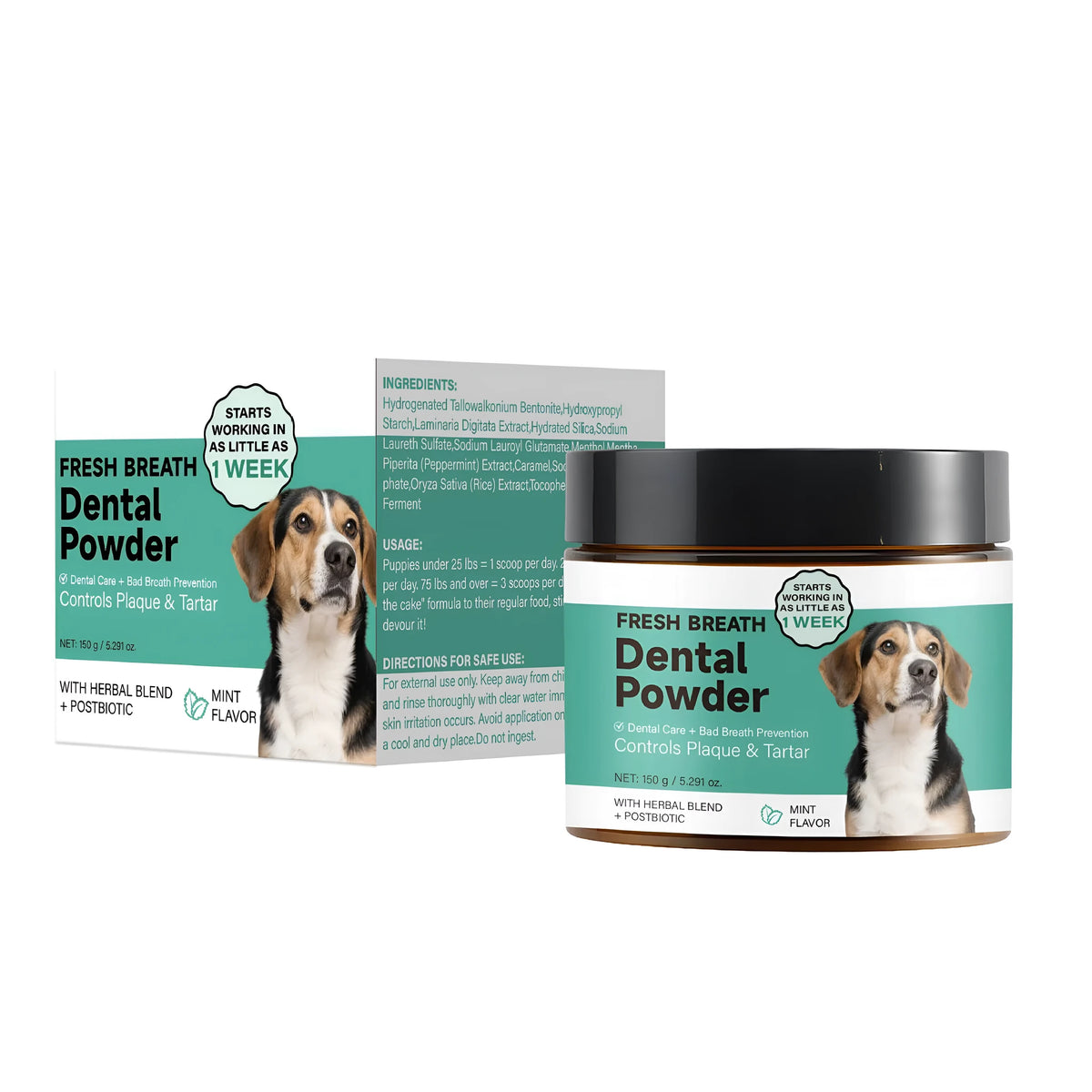 150g tub of mint dog tooth cleaning powder for plaque control