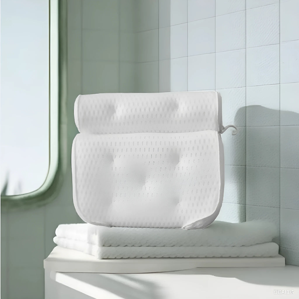 White bathtub pillow with 4D mesh material and seven suction cups showing 3D permeable construction