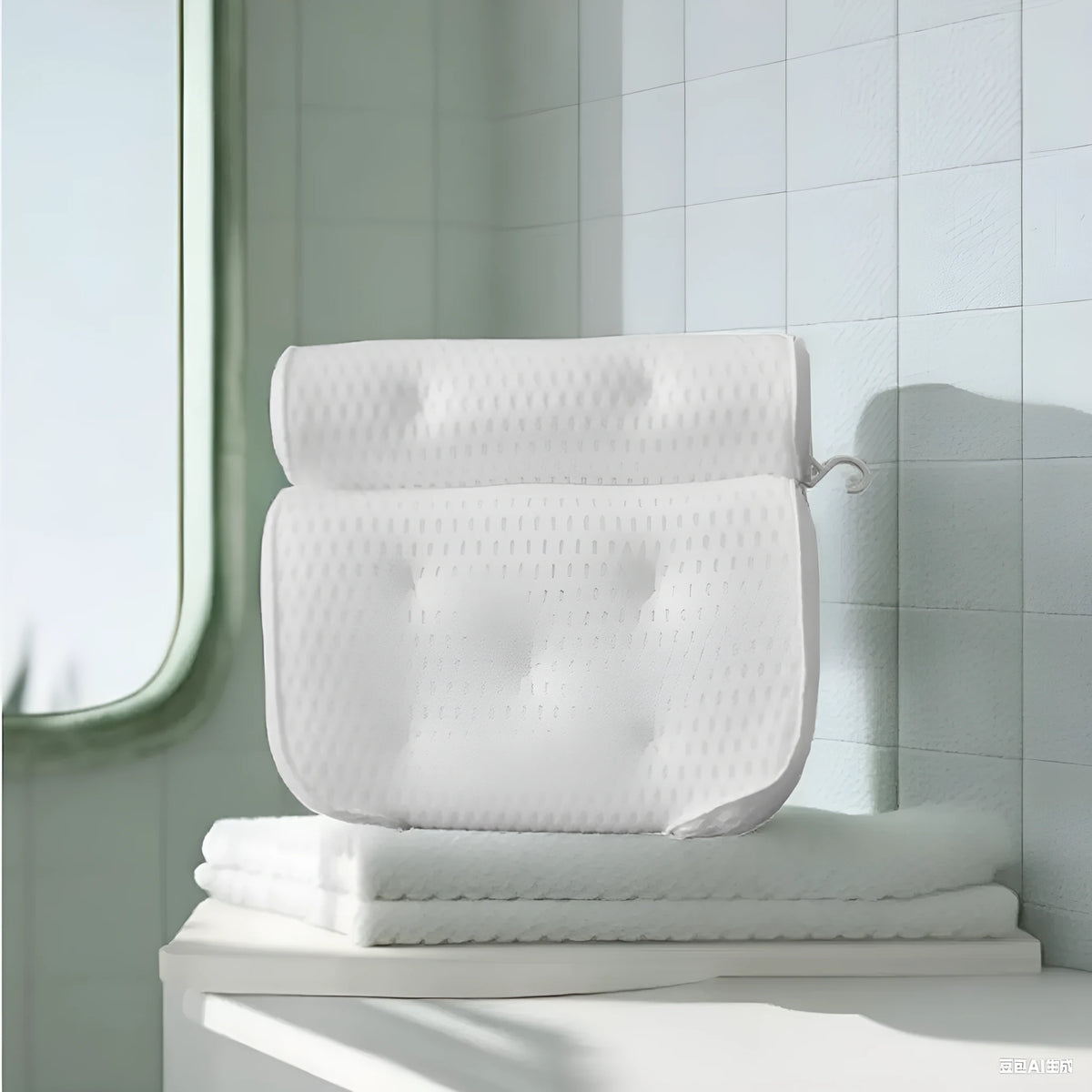 White bathtub pillow with 4D mesh material and seven suction cups showing 3D permeable construction