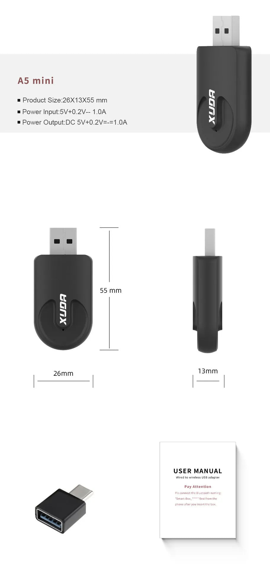 Mini black CarPlay USB interface adapter measuring 26×55×13 mm