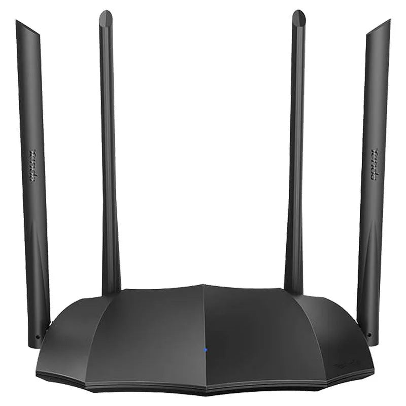 Dual-band wireless router with multiple gigabit Ethernet ports on rear panel