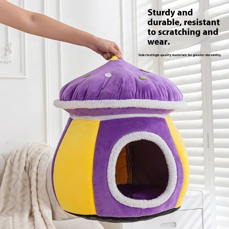 Mushroom-shaped cat bed in plush material available in purple, pink and grey colours
