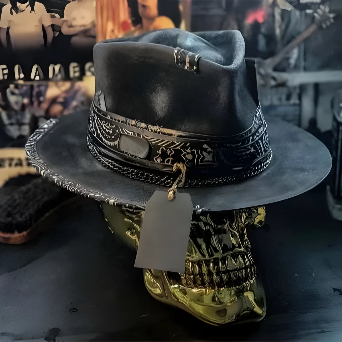 Handmade wool felt denim Halloween skull hat with conical crown design