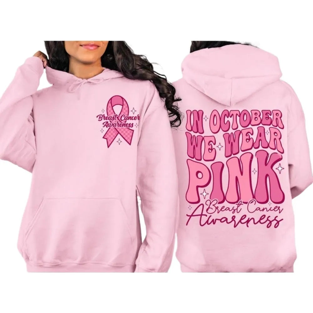 Breast cancer awareness pullover hoodie with retro hot stamp design and side seam pocket.