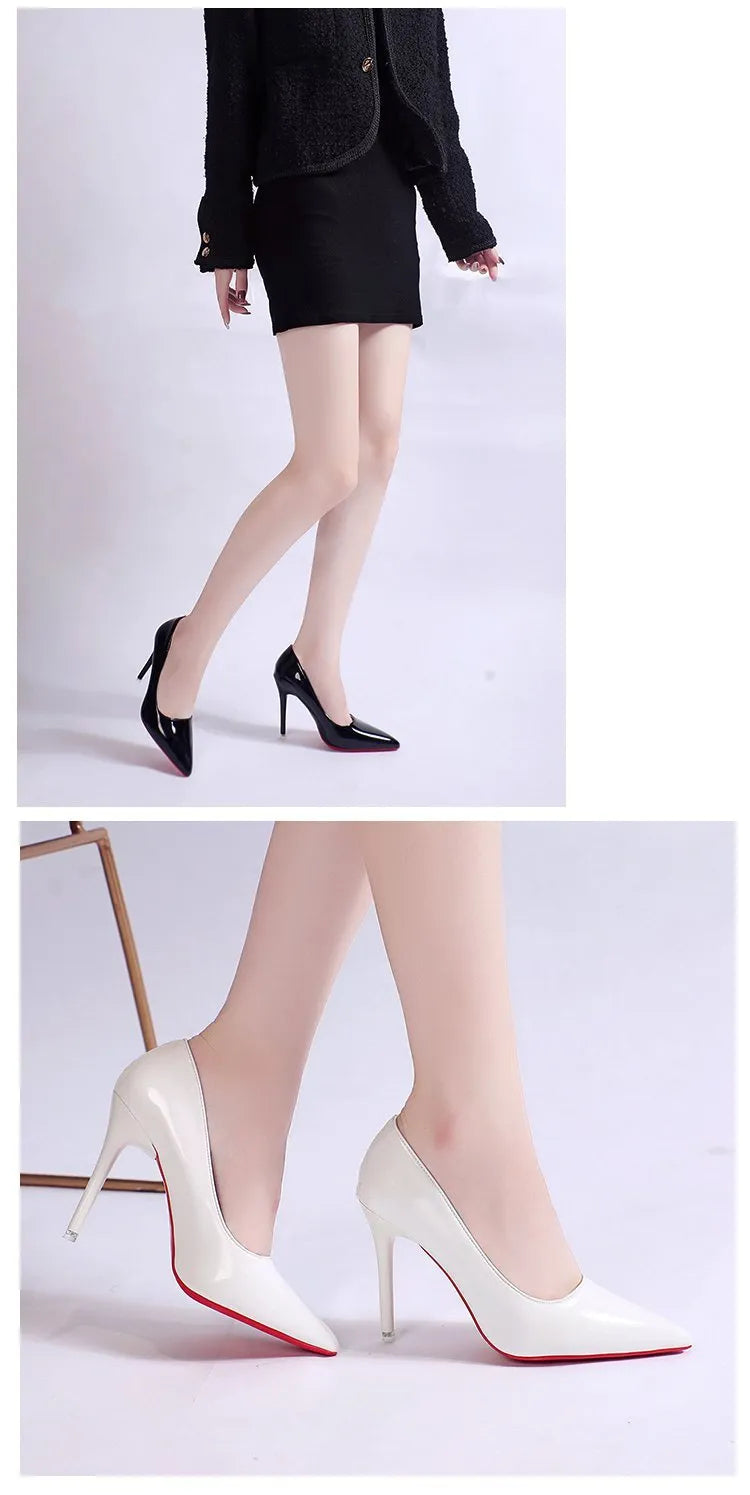 Women's solid colour stiletto heel pumps with a pointed toe and shallow mouth design on a white background.