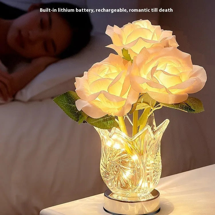 Modern crystal flowers bedside table lamp with touch dimming control on wooden surface