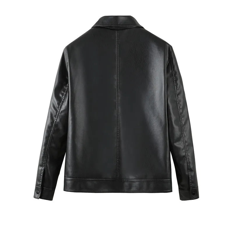 Black men's PU leather casual jacket with zipper pockets and loose fit
