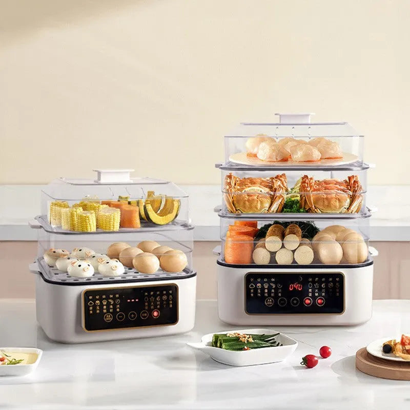 Stainless steel electric food steamer with 28-litre capacity and 800W power rating