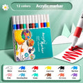 Box of multicolour acrylic marker pens for students, showing plastic bodies.
