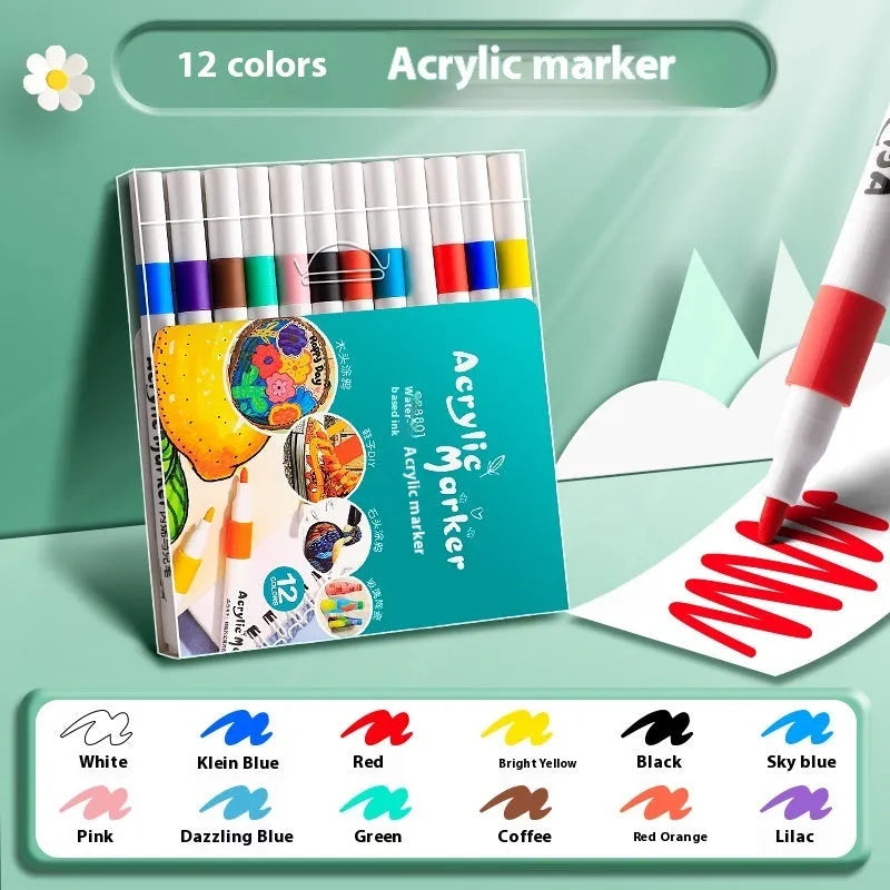 Box of multicolour acrylic marker pens for students, showing plastic bodies.