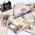 Nine retro-style postcards with cartoon minimalist Paris tower and landmark artwork in Japanese style