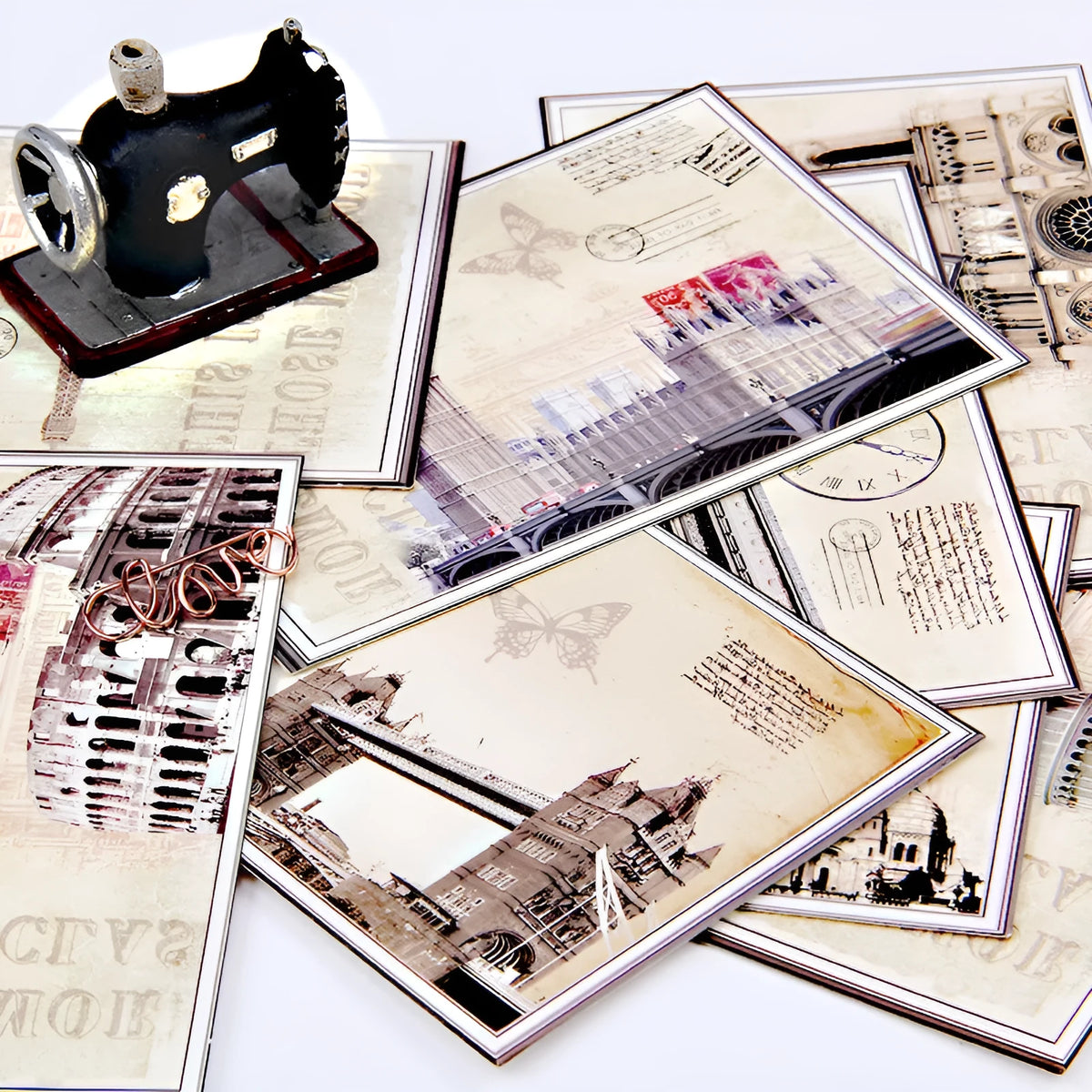 Nine retro-style postcards with cartoon minimalist Paris tower and landmark artwork in Japanese style