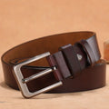 Men's black casual belt with a square silver alloy pin buckle on a length of belt strap.
