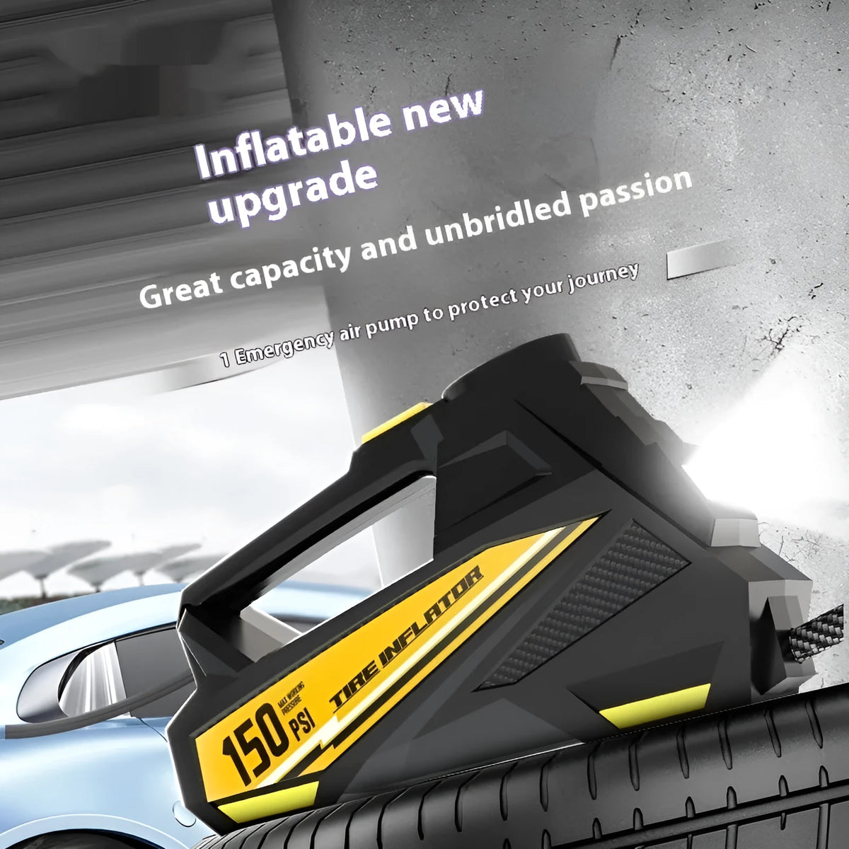 Black portable electric tyre inflator with digital display and LED light on 12V cable