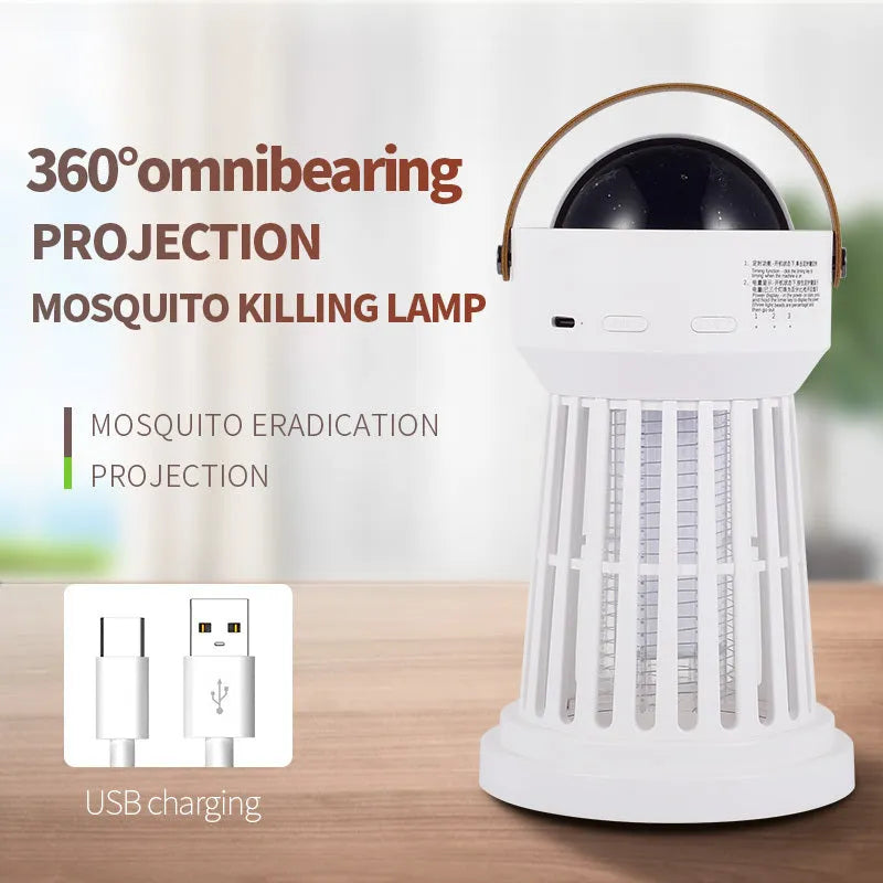 White 2 in 1 electric mosquito killer lamp with star ceiling projection, Ni-Zn-Fe mesh, ABS shell, USB rechargeable, folding handle