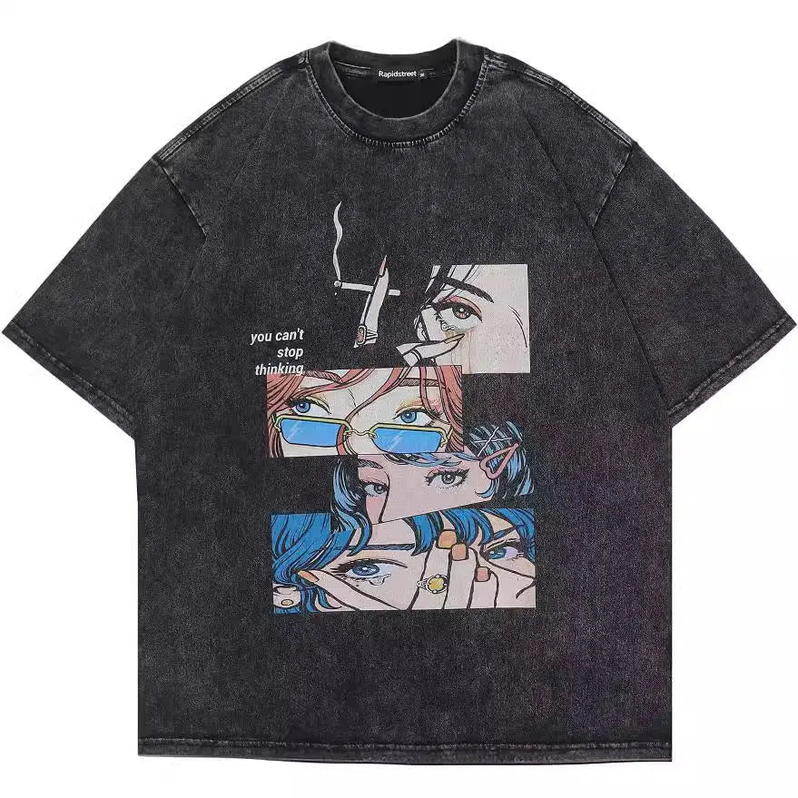 Men's loose fit cotton t-shirt with retro cartoon print pattern in washed black colour