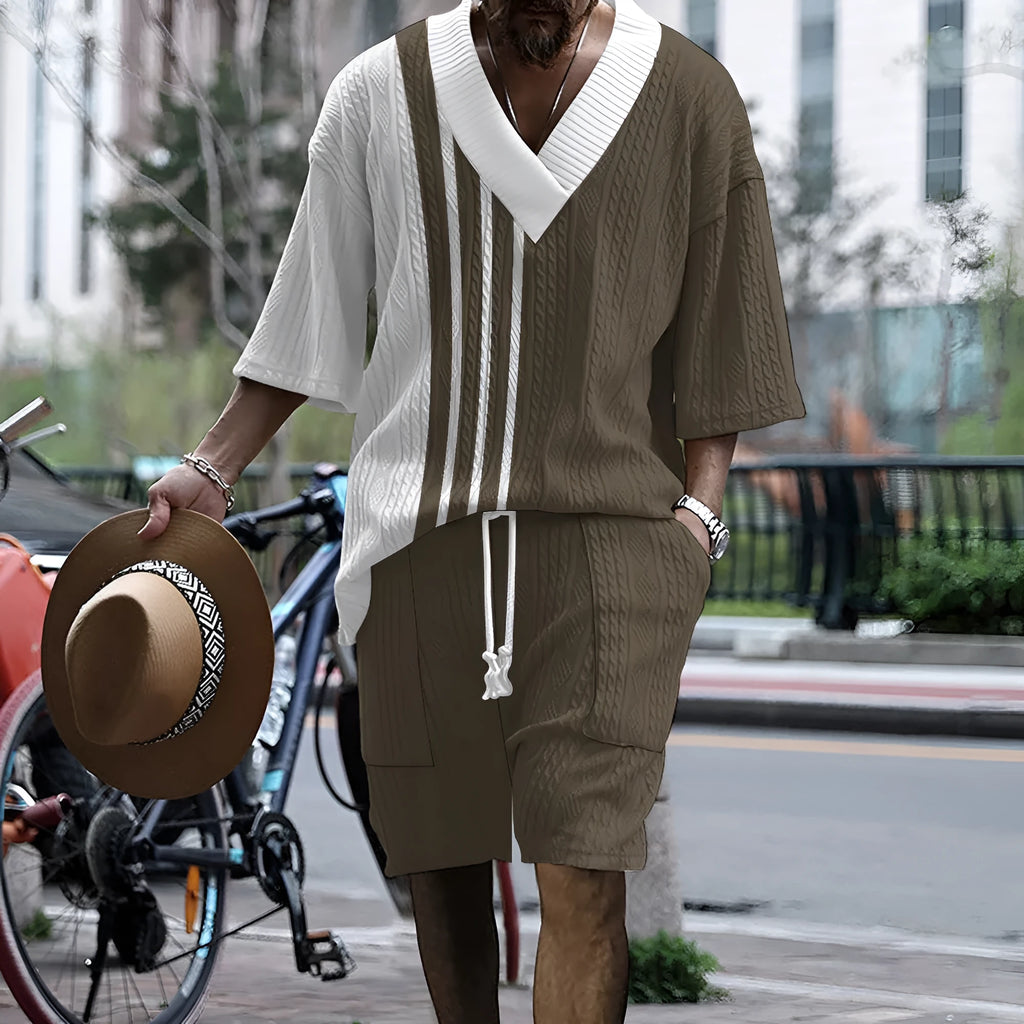 Men's printed drop-shoulder knitted top and shorts suit set in a grey colour.