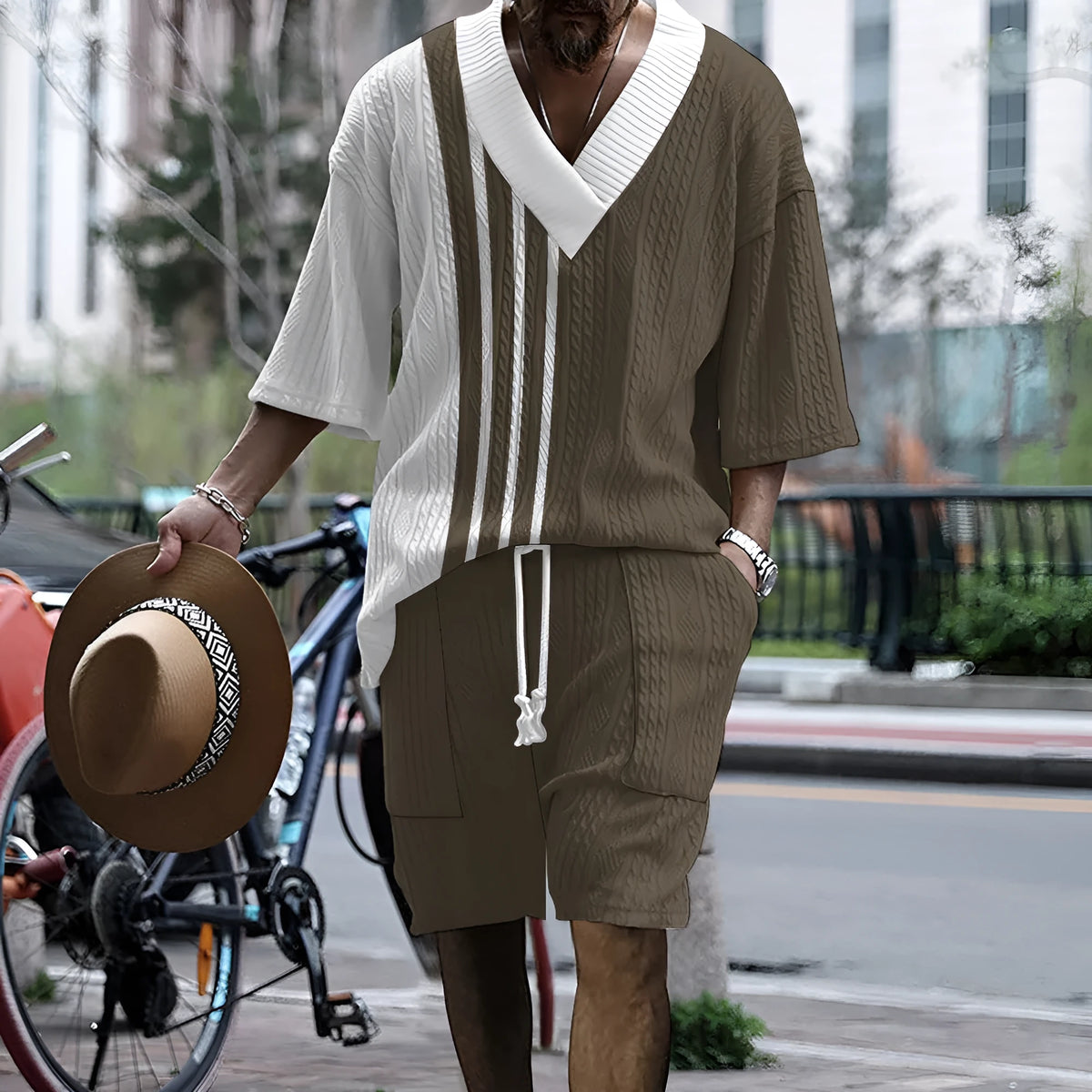 Men's printed drop-shoulder knitted top and shorts suit set in a grey colour.