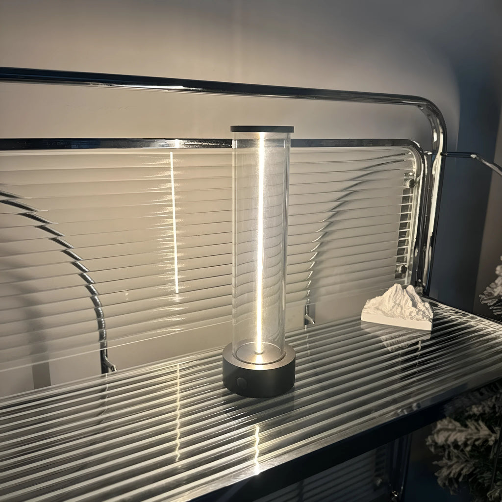 USB rechargeable glass LED night light with magnetic suction base measuring 53x234mm