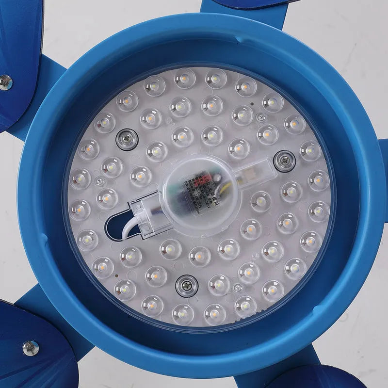 Ceiling fan chandelier with remote, 1.06m diameter, acrylic shade, wooden blades, blue or pink