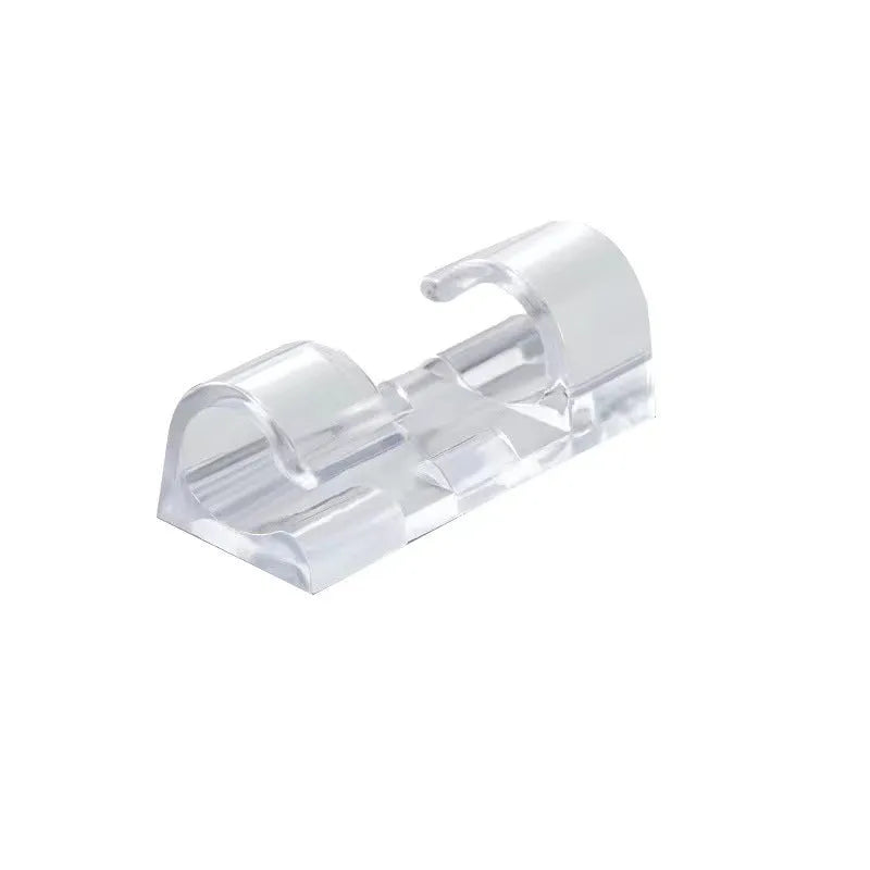 Transparent plastic self-adhesive cable routing snap clips in small, medium, large, and extra large sizes.