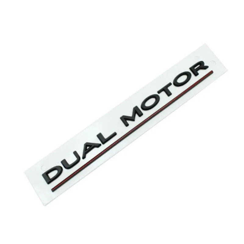 Tesla Model 3 dual motor performance badge sticker in matte black with red stripe, 19cm long.