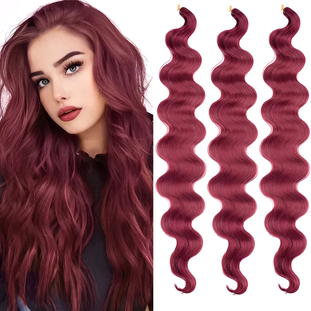 Wine red big wave chemical fibre wig measuring 24 inches long with crochet hair extension