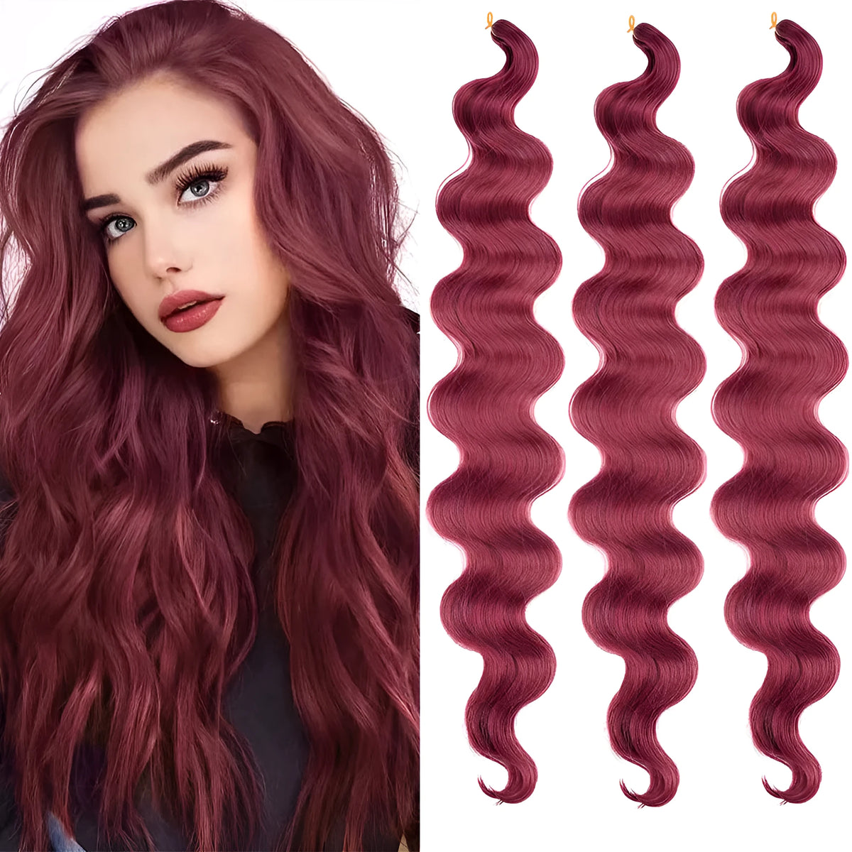 Wine red big wave chemical fibre wig measuring 24 inches long with crochet hair extension