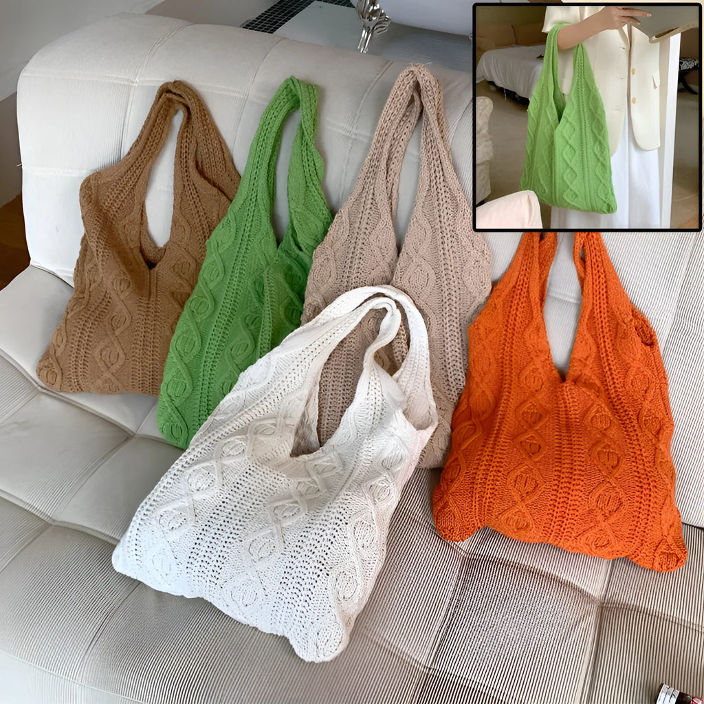 Retro hollow-knitted women's shoulder tote bag in a solid colour, showing double straps and textured fabric.