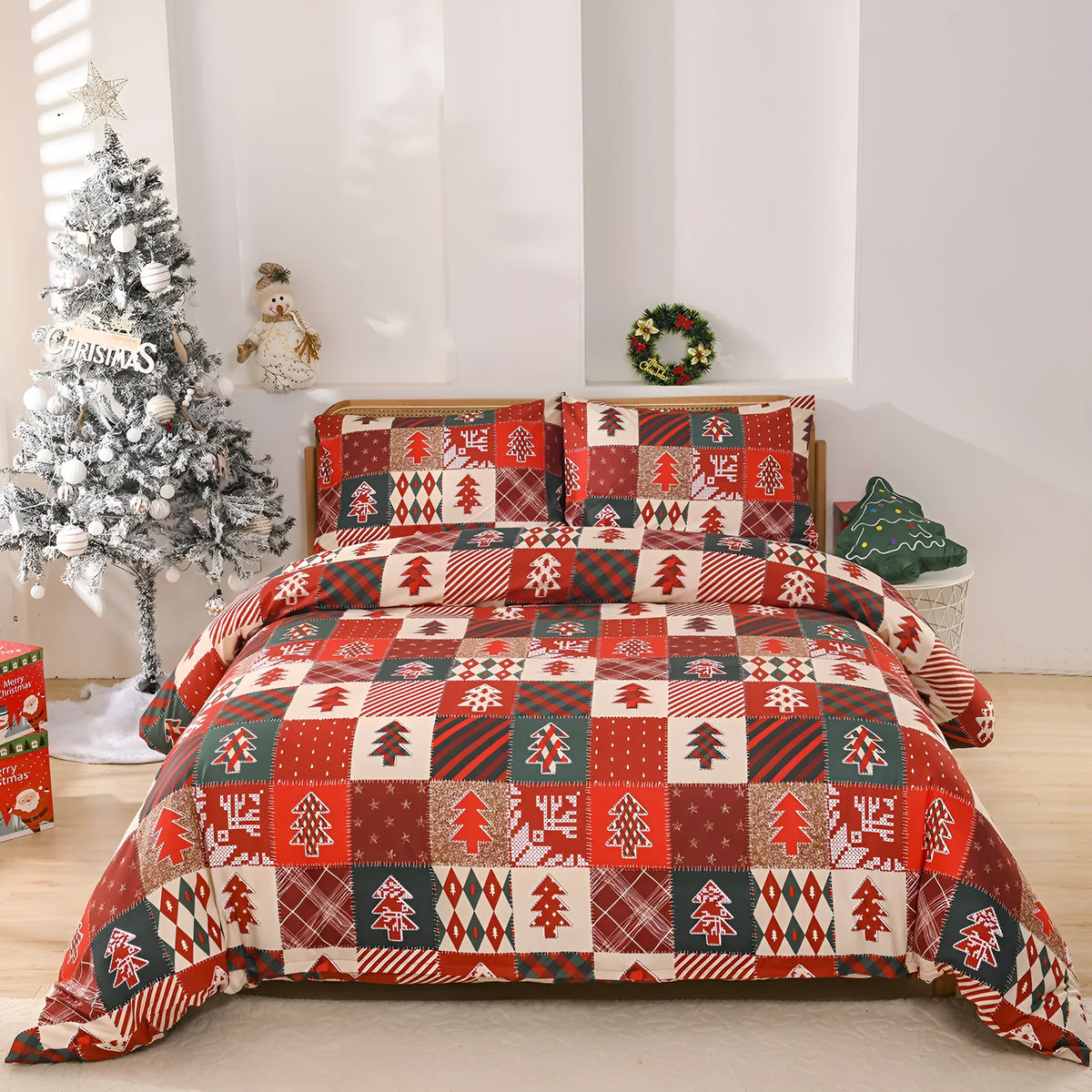 Christmas red plaid pattern bed sheet set with quilt cover and pillowcases in European style