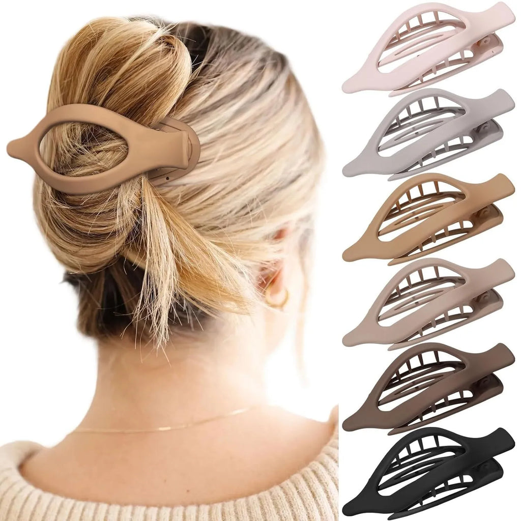 Six nude and rose red plastic hair clips with frosted grip and quadrilateral pointed toe style