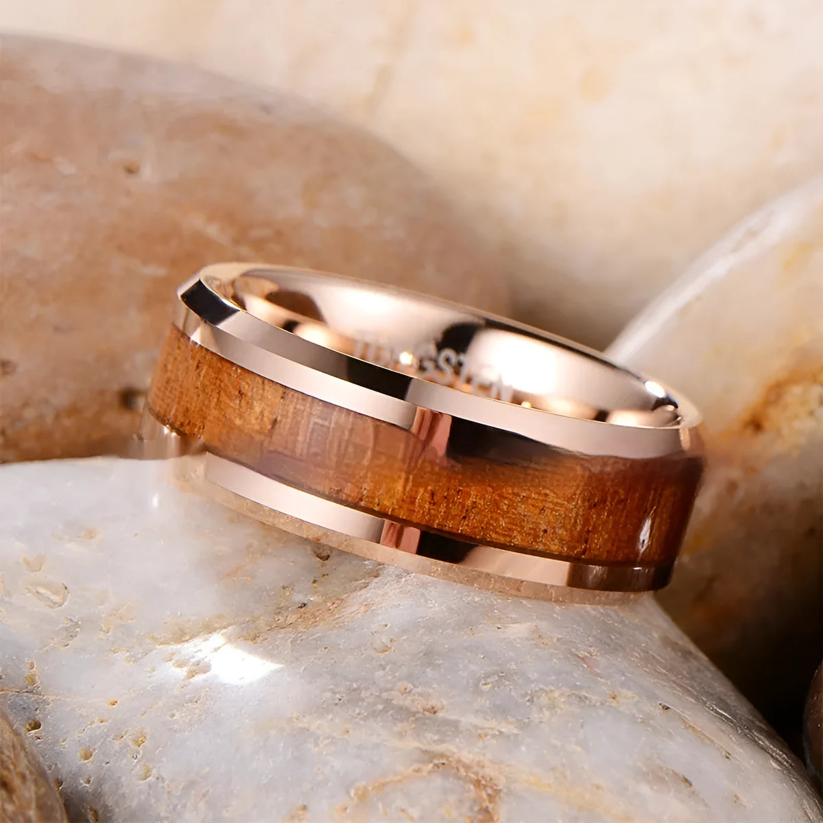 Men's Ugyen ring with wood and leather design in tungsten gold electroplating showing rose gold and steel colour options