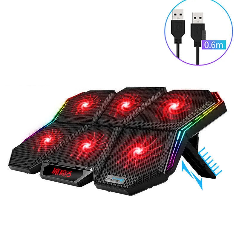 Black and red notebook radiator with six cooling fans for laptops