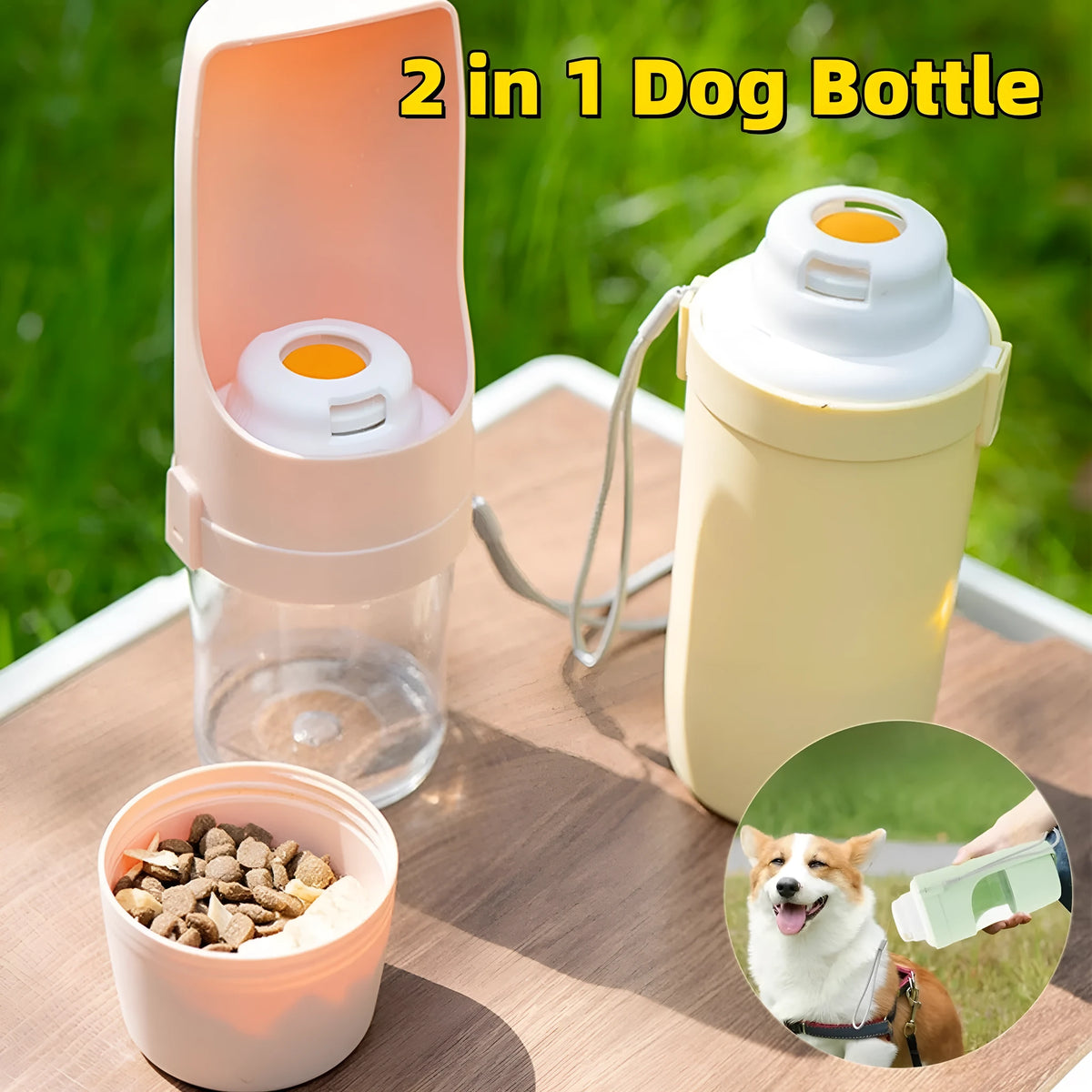 Grey 2-in-1 travel dog water bottle and food dispenser with lanyard attached, showing separate water and dry food compartments