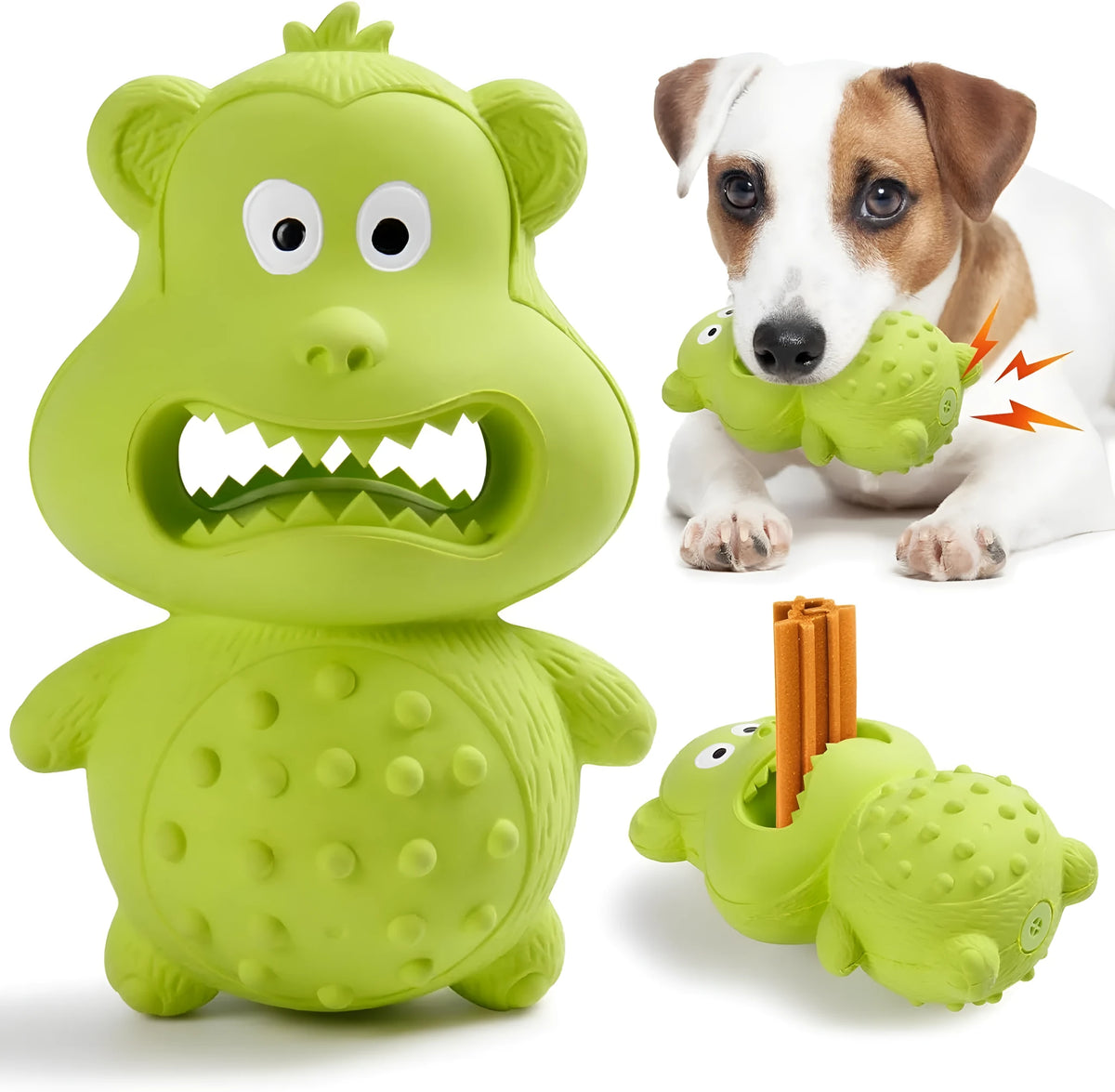 Green and yellow natural rubber squeaky dog chew toy for large breed aggressive chewers.