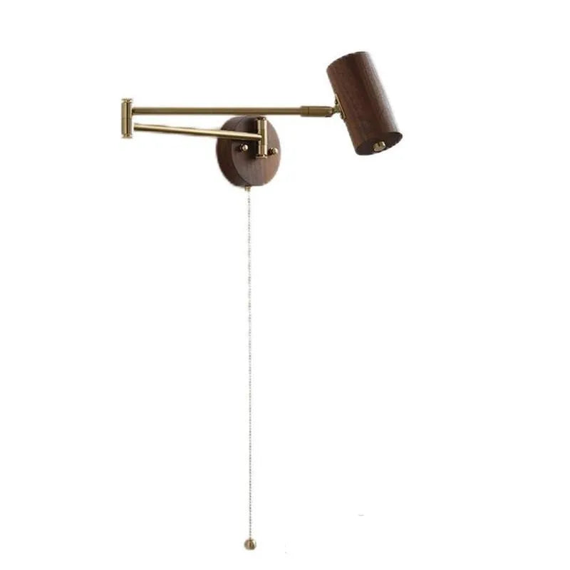 Retro wood finish wall lamp with rotating long-arm spotlight and pull switch