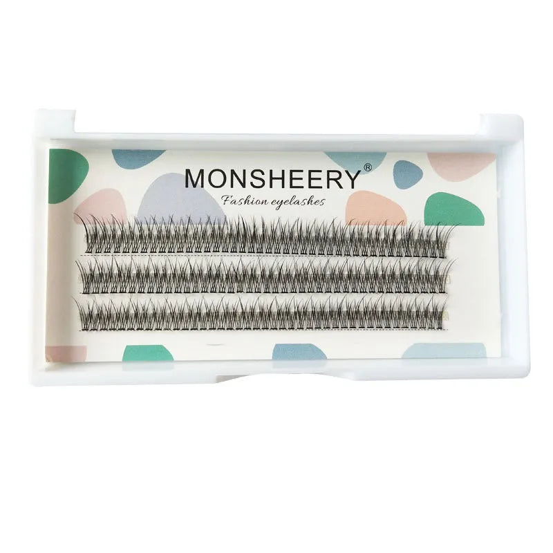V-shaped fairy fishtail false eyelashes with thick black segments in graduated lengths on clear band