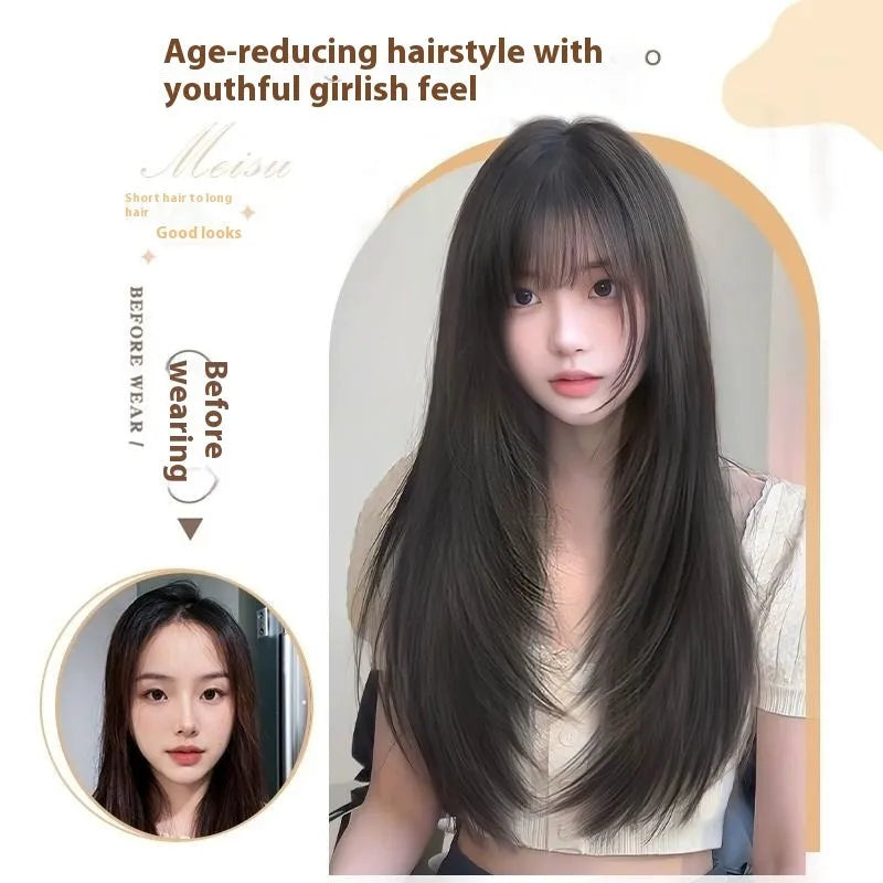 Black long straight synthetic wig with layered styling on a wig stand showing full-head coverage