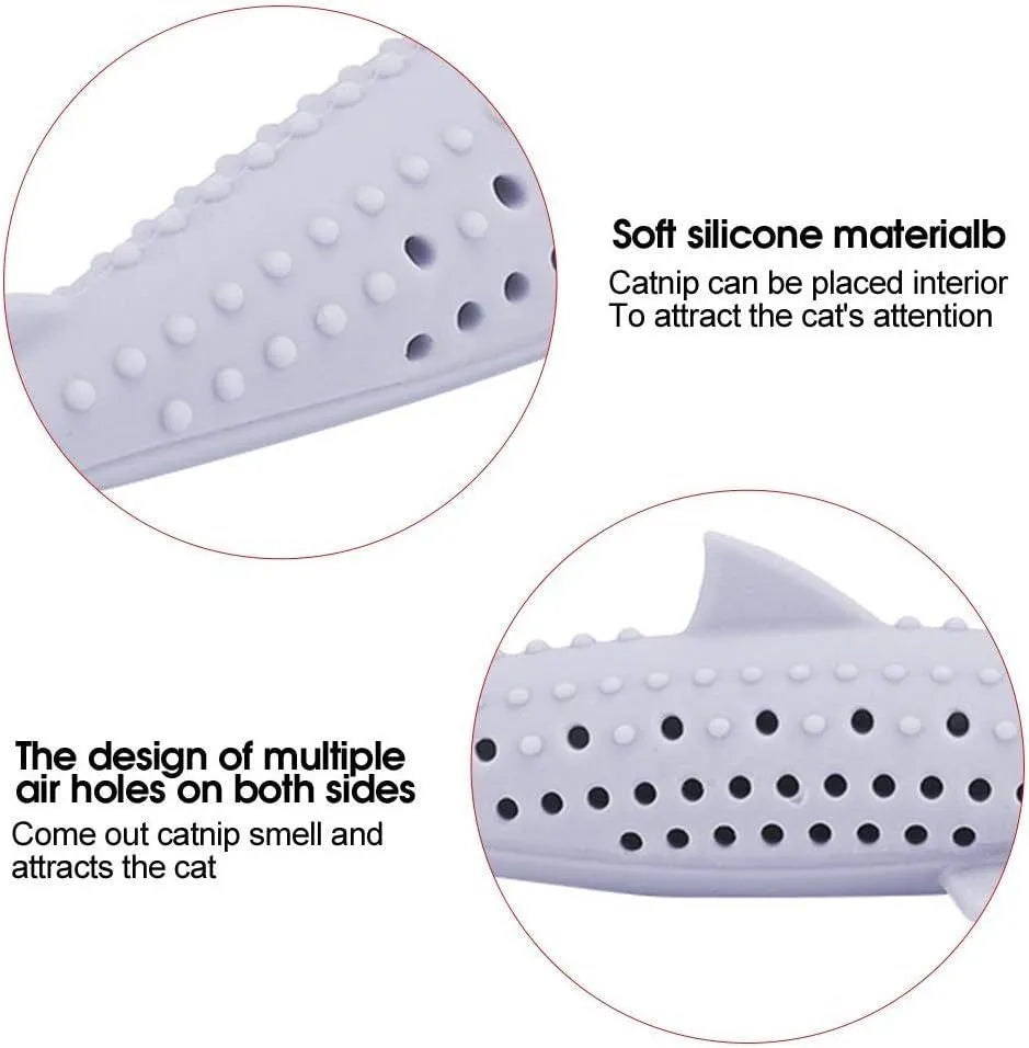 Fish shaped silicone cat chew toy with breathable side holes for catnip scent diffusion