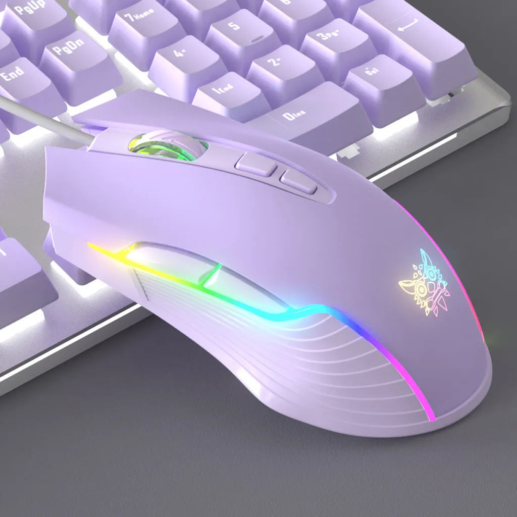 Purple and white mechanical keyboard and wired mouse set with backlit keys